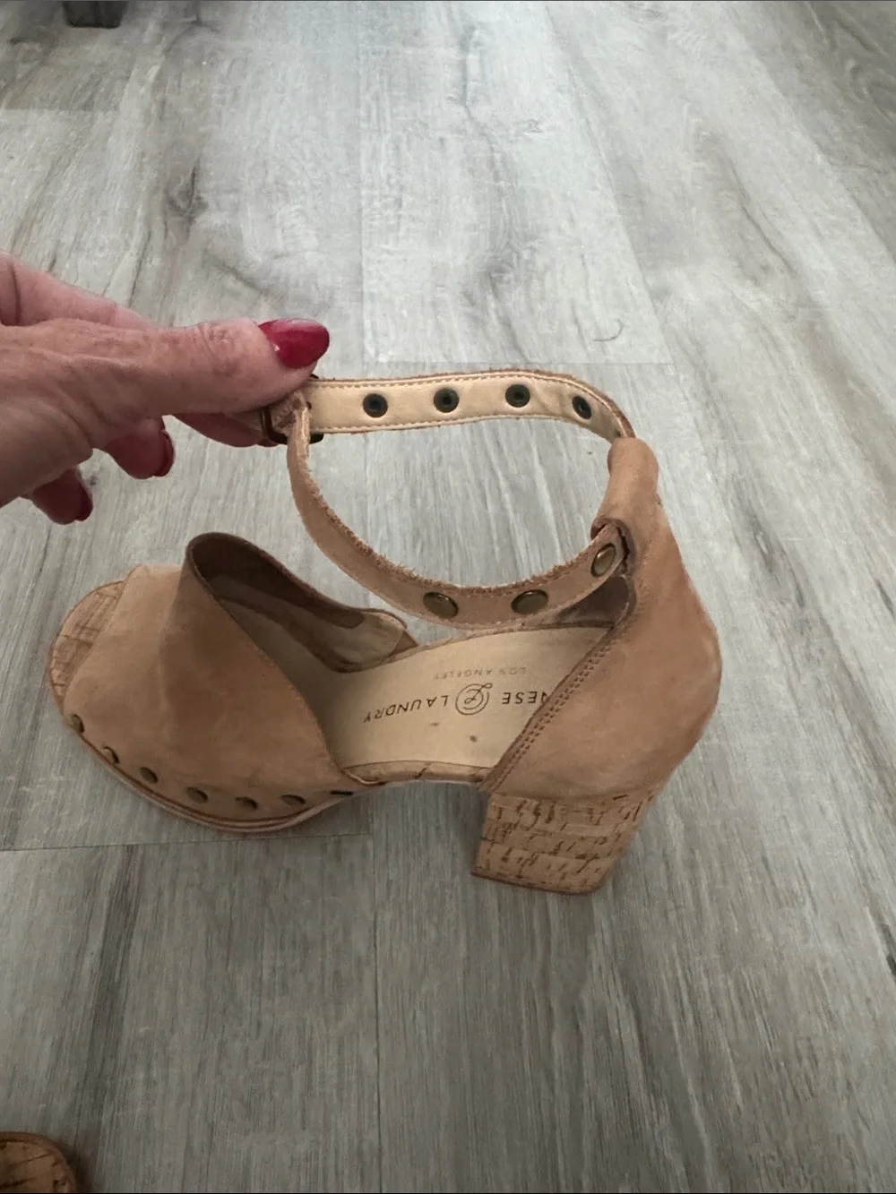 Chinese Laundry Cognac Suede Cork Block Heel Sandals